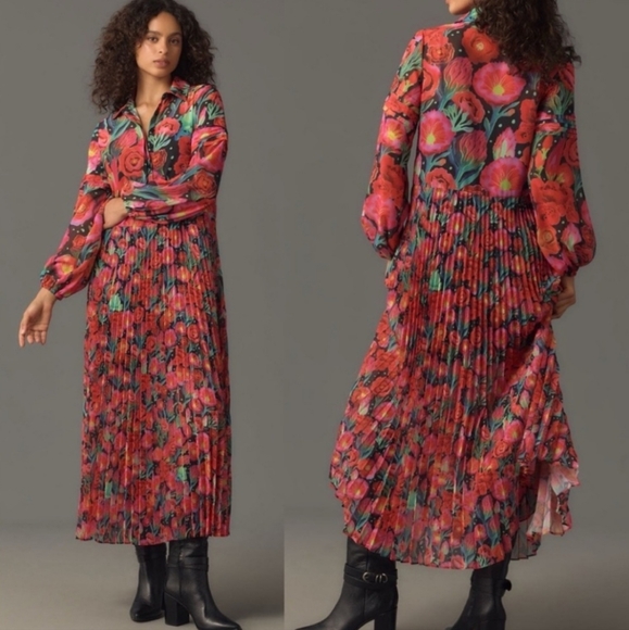 FARM Rio Dresses & Skirts - Farm Rio Maxi Shirt Dress S Floral Sheer Pleated Colorful Summer Spring NWT
